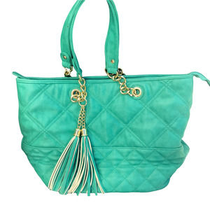 Big Buddha Womens Shoulder Bag Aqua Quilted Tassel Vegan Leather Zipper Chain M